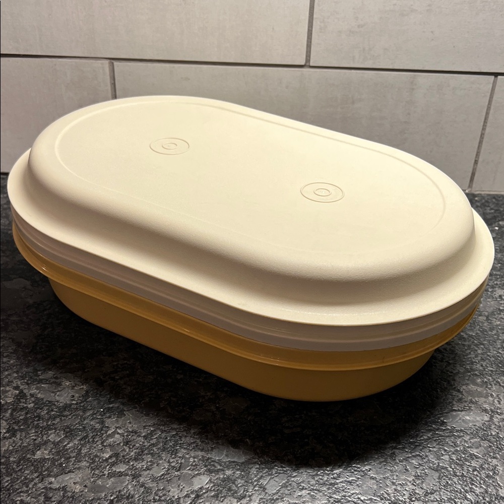 Tupperware Oval Server Cream and Harvest Gold Oval Container. NWOT